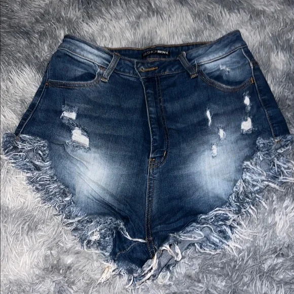 Fashion Nova Women's Distressed Blue Denim Shorts - Picture 1 of 2